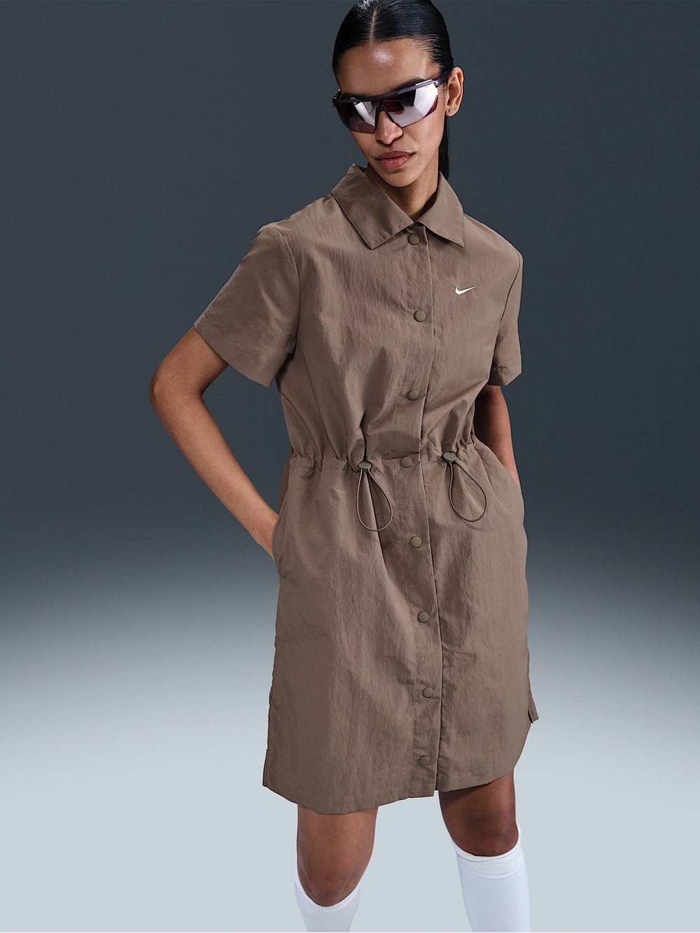 Nike Brown Short-Sleeve Drawstring Shirt Dress